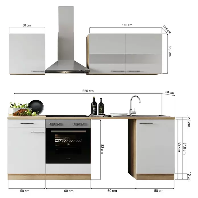 Respekta Küchenzeile Merle - Breite: 250 cm, Weiß, Mit Elektrogeräten, Mit Waschmaschinennische - Weiße Küchenzeile mit heller Holzoptik, Ober- und Unterschränken, Backofen, Kochfeld, Spüle, Dunstabzug. Gesamtbreite 220 cm.