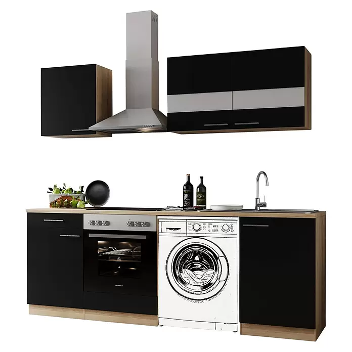 Respekta Küchenzeile Merle - Breite: 220 cm, Schwarz, Mit Elektrogeräten, Mit Waschmaschinennische - Moderne schwarz-holzfarbene Küchenzeile mit Edelstahlelementen: Backofen, Kochfeld, Dunstabzugshaube, Spüle, Waschmaschine.