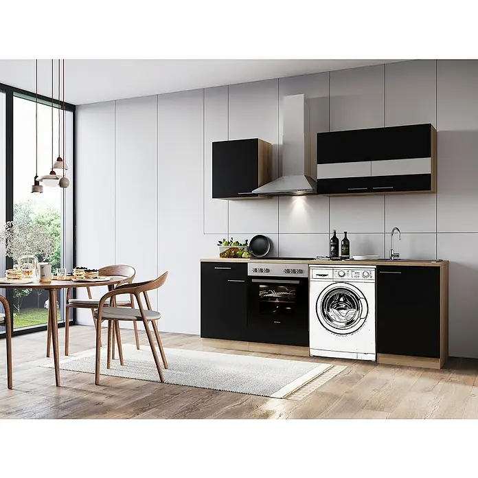Respekta Küchenzeile Merle - Breite: 220 cm, Schwarz, Mit Elektrogeräten, Mit Waschmaschinennische - Elegante Küche mit modernen, schwarzen Unterschränken und einem passenden Hängeschrank, ergänzt durch eine Dunstabzugshaube aus Edelstahl.