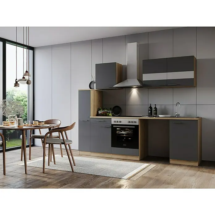 Respekta Küchenzeile Merle - Breite: 250 cm, Grau, Mit Elektrogeräten, Mit Waschmaschinennische - Modernes Küchendesign mit grauen Schränken, Holzelementen und Essbereich mit rundem Tisch und Stühlen unter Pendelleuchten.