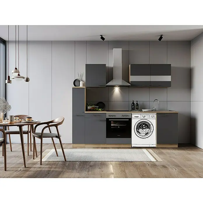 Respekta Küchenzeile Merle - Breite: 250 cm, Grau, Mit Elektrogeräten, Mit Waschmaschinennische - Küchenszene mit Fokus auf einer modernen Einbauküche in Grautönen, inklusive Elektrogeräten und Essbereich.