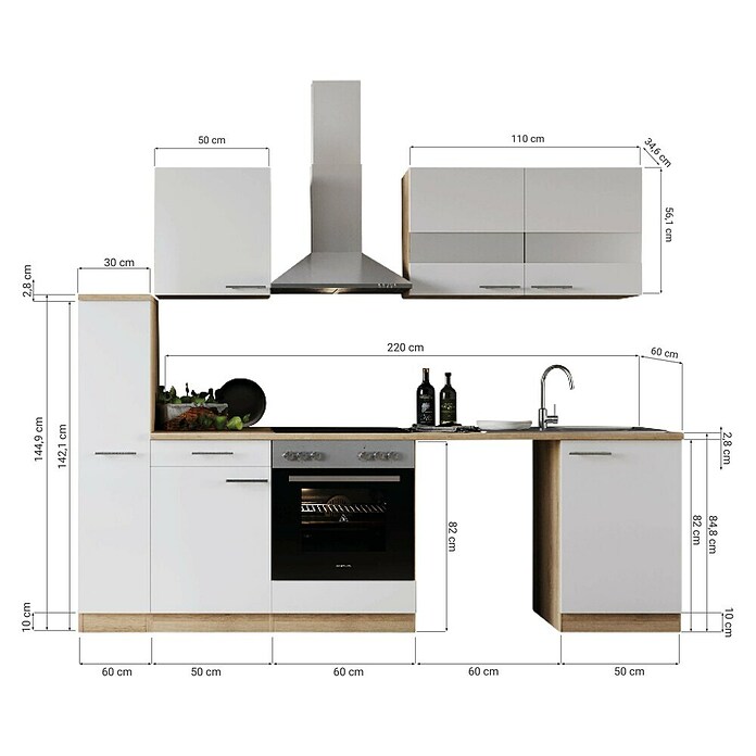 Respekta Küchenzeile Merle (Breite: 250 cm, Weiß, Mit Elektrogeräten, Mit Waschmaschinennische) | BAUHAUS