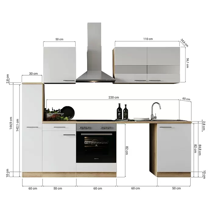 Respekta Küchenzeile Merle - Breite: 250 cm, Weiß, Mit Elektrogeräten, Mit Waschmaschinennische - Moderne Küchenzeile mit weißen Schränken, hellen Holzplatten, integriertem Backofen, Spüle und Dunstabzugshaube.