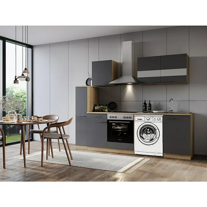 Respekta Küchenzeile Merle - Breite: 250 cm, Grau, Mit Elektrogeräten, Mit Waschmaschinennische - Einbauküche in Grau mit einem Esstisch und Stühlen. Das Design ist modern und minimalistisch.