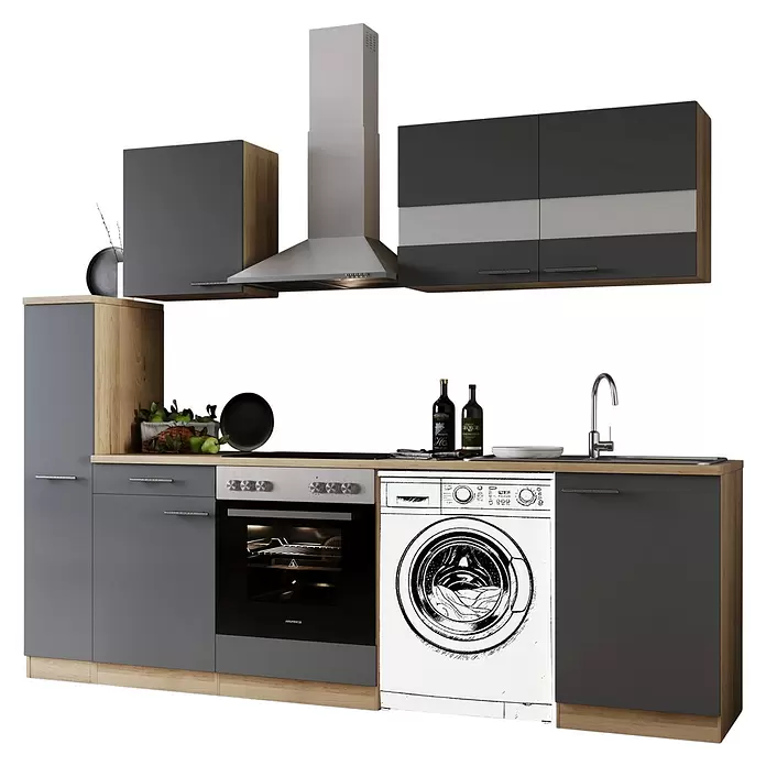 Respekta Küchenzeile Merle - Breite: 250 cm, Grau, Mit Elektrogeräten, Mit Waschmaschinennische - Moderne Einbauküche in Anthrazit- und Holzoptik mit integriertem Backofen, Kochfeld, Spüle, Dunstabzug und Waschmaschine.
