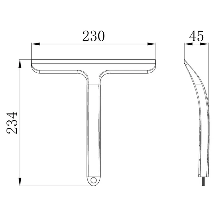 Espátula limpiacristales para ducha Ivy - An x L: 23 x 23,4 cm, Negro - Esquema de un exprimidor de ventana en forma de T con medidas (230 mm de ancho, 234 mm de alto, 45 mm de profundidad).