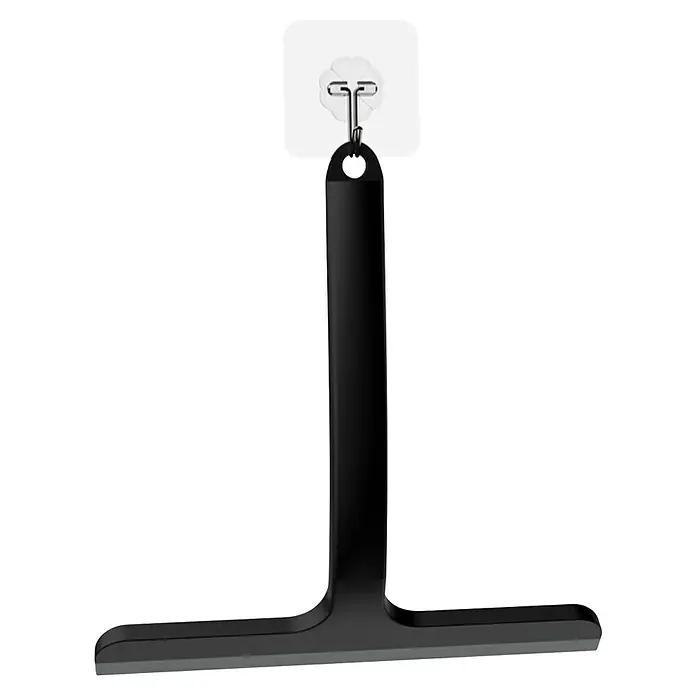 Espátula limpiacristales para ducha Ivy - An x L: 23 x 23,4 cm, Negro - Rasca de goma negra en forma de T colgada de un gancho de pared blanco, ideal para limpiar superficies de vidrio.