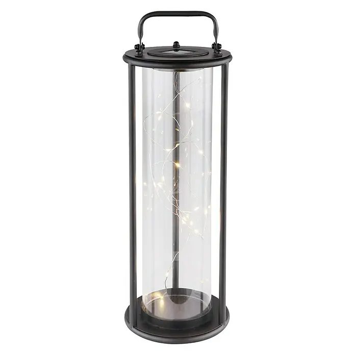 Globo Solar-Dekoleuchte - Schwarz, Klar, IP44 - Elegante schwarze Laterne mit klarem Glaszylinder und zarten Lichtern im Inneren, ideal für stimmungsvolle Beleuchtung.