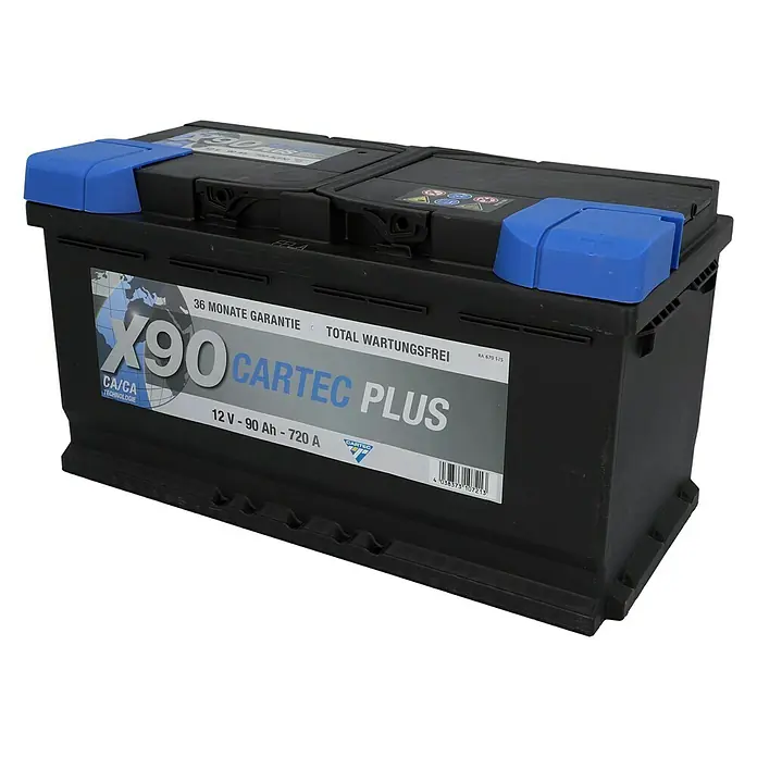 Cartec Autobatterie Plus - Kapazität: 90 Ah, Typ Autobatterie: Blei-Säure - Hier ist eine Cartec Plus X90 Autobatterie, die 12V, 90Ah und 720A Leistung bietet und mit einer 36-monatigen Garantie ausgestattet ist.