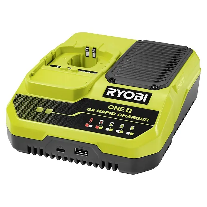 Ryobi ONE+ Akku-Schnellladegerät RC18180 - Passend für: Ryobi One+ 18V Akkus - Das Ryobi One+ 8A Schnellladegerät in Grün und Schwarz, ein praktisches Gerät zum Aufladen von Akkus für Ryobi-Werkzeuge.