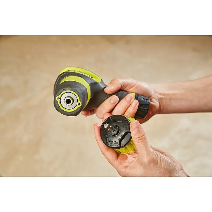 Ryobi 4V USB Akku-Reinigungsbürste RSCR4 - 4 V, 1 Akku, 2 Ah - Die Ryobi Akku-Reinigungsbürste wird mit einer austauschbaren Bürste gezeigt, die für verschiedene Reinigungsaufgaben verwendet werden kann.