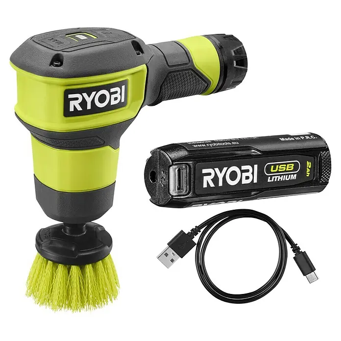 Ryobi 4V USB Akku-Reinigungsbürste RSCR4 - 4 V, 1 Akku, 2 Ah - Ryobi Power Scrubber mit Bürstenaufsatz, Akku und USB-Ladekabel. Ideal für Reinigungsarbeiten im Haushalt und Garten, unterstützt durch USB-Lithium-Technologie.