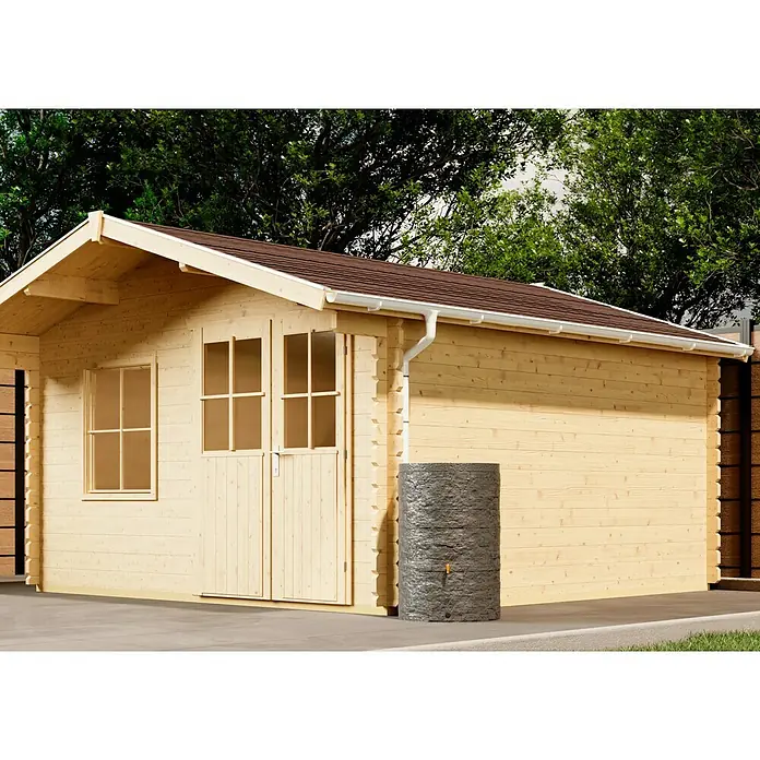 Marley Fallrohrbogen - Nennweite: 53 mm, Winkel: 45 °, Kunststoff, Weiß - Holzgartenhaus mit Regenwasserbehälter zur Wassergewinnung. Das Haus hat Fenster und eine Doppeltür mit braunem Dach.
