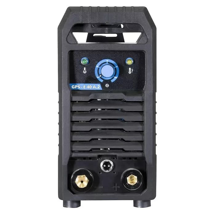 Güde Plasmaschneider GPS-E 40 A.2 - Schweißstrom: 15 A - 40 A, Max. Schnittstärke: 12 mm, 230 V - Schwarzes Inverter-Schweißgerät mit blauem Bedienknopf, Status-LEDs und Frontanschlüssen.