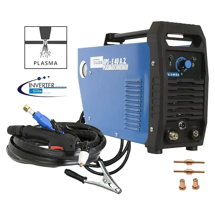 Güde Plasmaschneider GPS-E 40 A.2 - Schweißstrom: 15 A - 40 A, Max. Schnittstärke: 12 mm, 230 V - Blauer und schwarzer Güde GPS-E 40 A.2 Inverter Plasmaschneider mit Brenner, Masseklemme und Verschleißteilen.