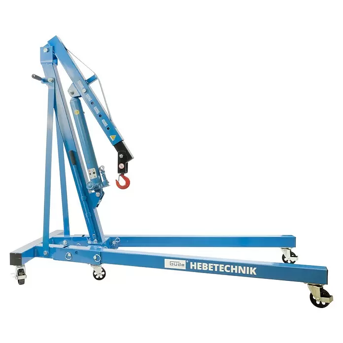 Güde Werkstattkran - Traglast: 1.000 kg, Hubhöhe: 2.160 mm - Blauer klappbarer hydraulischer Werkstattkran auf Rollen mit rotem Haken und Tragfähigkeitsangaben.