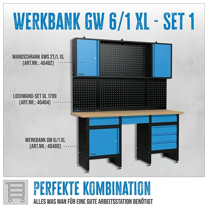 Güde Werkbank-Set GW 6/1 XL - Set 1 - L x B: 60 x 170,9 cm, Arbeitshöhe: 200 cm, Holz - Blau-schwarze Metall-Werkbankgarnitur mit Holzplatte, Wandschrank, Lochwand, Schubladen und Unterschrank.