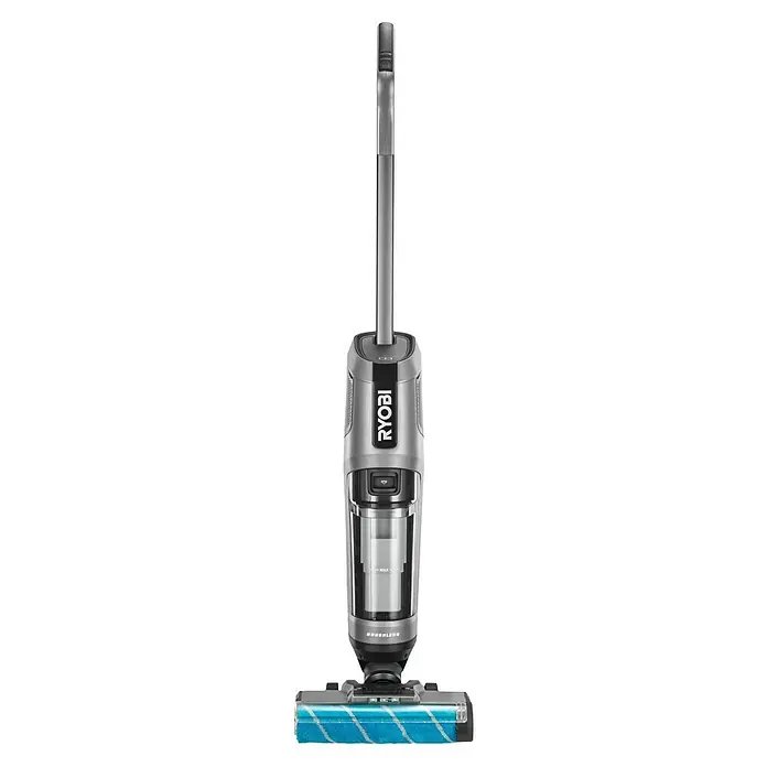Ryobi ONE+ Akku-Hartbodenreiniger RHFC18BL-0 - 18 V, Ohne Akku, Luftmenge: 710 l/min - Hier ist ein grauer Ryobi Akku-Bodenreiniger mit blau-weisser Bürste.