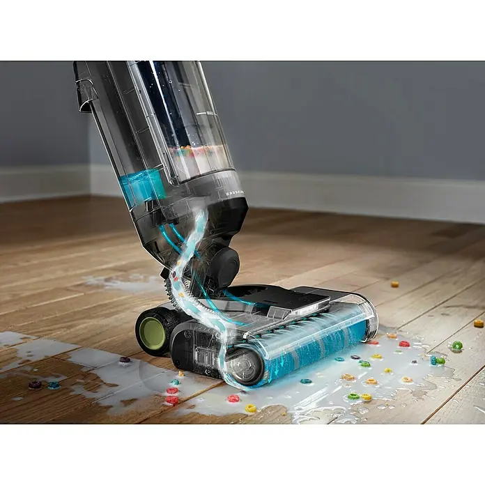 Ryobi ONE+ Akku-Hartbodenreiniger RHFC18BL-0 - 18 V, Ohne Akku, Luftmenge: 710 l/min - Der Akku-Nass-Trockensauger nimmt Flüssigkeiten und Frühstücksflocken vom Holzboden auf. Das Gerät reinigt schnell und effizient.