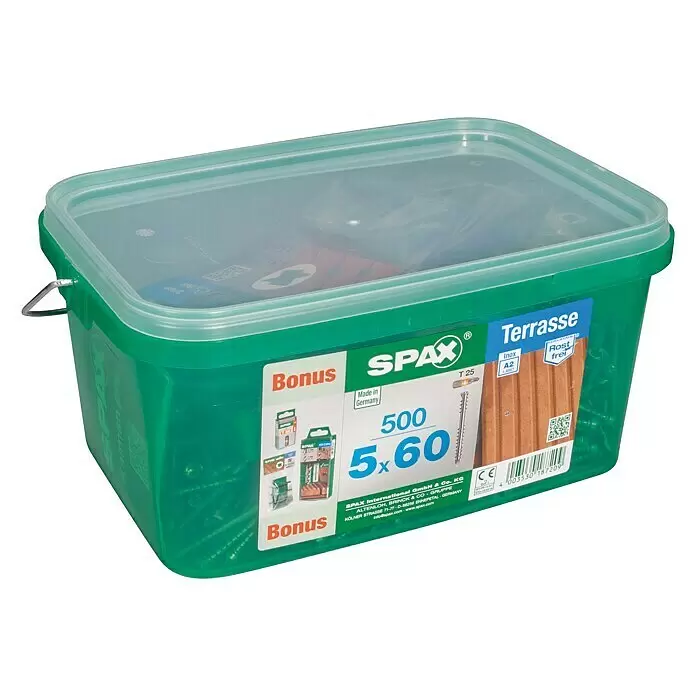 Spax T-Star plus Tornillo para terraza - Ø x L: 5 x 60 mm, Lustroso, 500 pzs. - Caja de plástico verde con 500 tornillos SPAX 5x60mm de acero inoxidable A2 para terraza, con accionamiento T25.