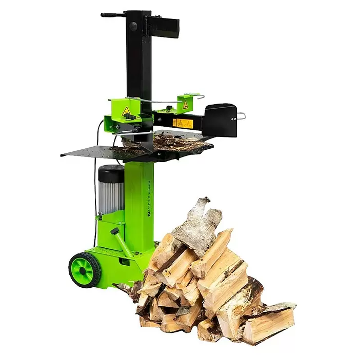 Zipper Holzspalter ZI-HS8TN - 8 t, Max. Spaltgutlänge: 50 cm - Grüner und schwarzer Elektro-Holzspalter mit einem Stapel gespaltenem Brennholz.