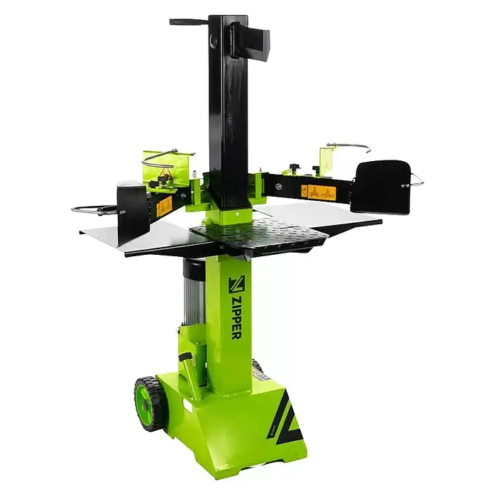 Zipper Holzspalter ZI-HS8TN - 8 t, Max. Spaltgutlänge: 50 cm - Grün-schwarzer vertikaler Holzspalter mit Rädern und Sicherheitshebeln.