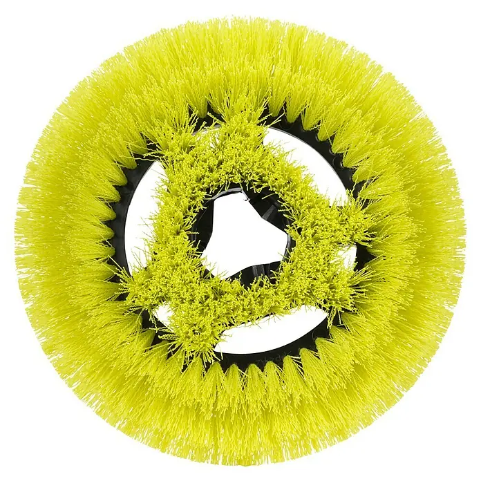 Ryobi ONE+ Reinigungsbürste RACLTM18 - Medium Borsten, Durchmesser: 18 cm - Nahaufnahme einer gelben Bürste mit Borsten. Die Bürste hat eine kreisförmige Form und wird zur Reinigung verwendet.