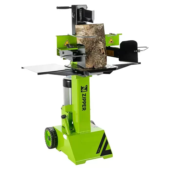 Zipper Holzspalter ZI-HS8TN_230V - 3.000 W, 8 t, Max. Spaltgutlänge: 100 cm - 500 cm - Grüner vertikaler Holzspalter mit einem Holzscheit zum Spalten, schwarzen Komponenten und Rädern.