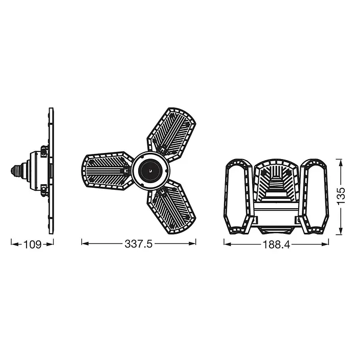 Osram Deckenleuchte Highbay E27 Blade - 40 W, L x B x H: 33,7 x 33,7 x 10,9 cm, Schwarz, E27 - Produktbild einer LED-Lampe mit den Maßen 109 mm Tiefe, 337,5 mm Durchmesser und 135 mm Höhe. Die Lampe hat drei Flügel.