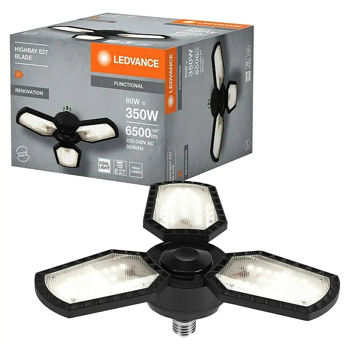 Osram LED-Strahler Highbay Blade - 60 W, L x B x H: 33,75 x 33,75 x 10,9 cm, Schwarz, Neutralweiß - LEDVANCE Highbay E27 Blade Lampe: Innovative LED-Lampe für hohe Räume, energieeffizient und mit hoher Lichtausbeute, ideal für Renovierungen.