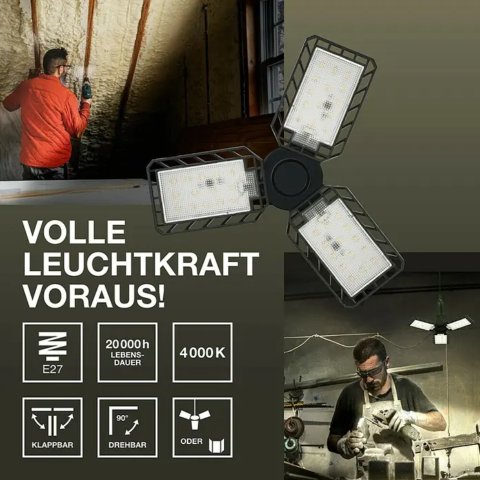 Osram Deckenleuchte Highbay E27 Blade - 40 W, L x B x H: 33,7 x 33,7 x 10,9 cm, Schwarz, E27 - Bild einer LED-Garagenleuchte mit drei Flügeln, die helles Licht spendet. Ideal für Werkstätten und Garagen mit E27-Sockel.
