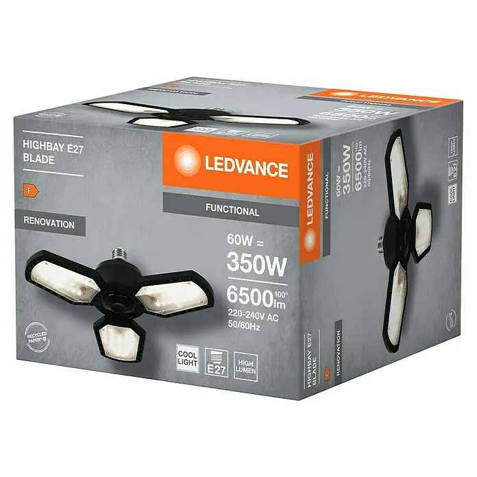 Osram LED-Strahler Highbay Blade - 60 W, L x B x H: 33,75 x 33,75 x 10,9 cm, Schwarz, Neutralweiß - Verpackung der LEDVANCE Highbay E27 Blade LED-Lampe, ideal für Renovierungen, mit 6500 Lumen und 60W Leistung, entspricht 350W.