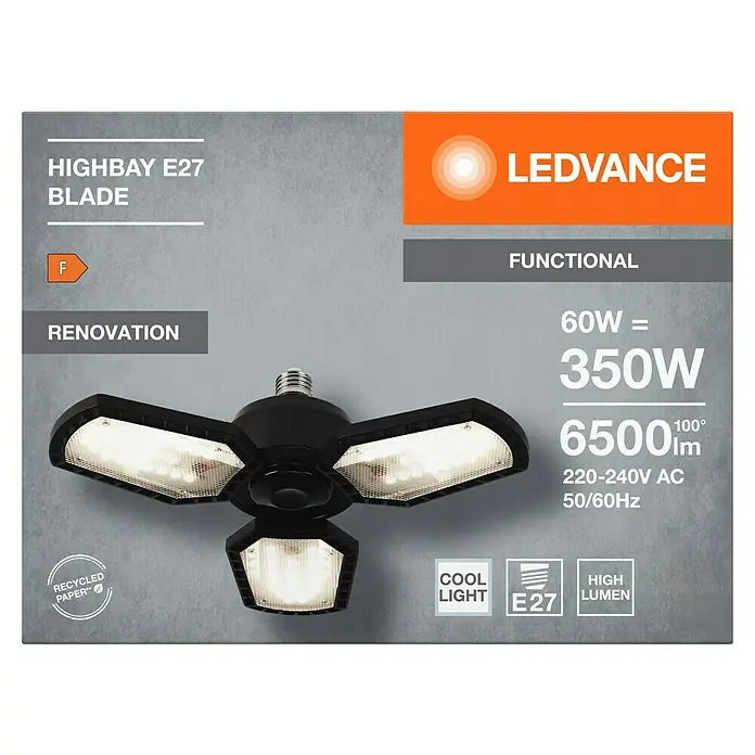 Osram LED-Strahler Highbay Blade - 60 W, L x B x H: 33,75 x 33,75 x 10,9 cm, Schwarz, Neutralweiß - Produktbild einer LEDVANCE Highbay E27 LED-Lampe. Optimal für Renovierungen mit 6500 Lumen und E27 Sockel.