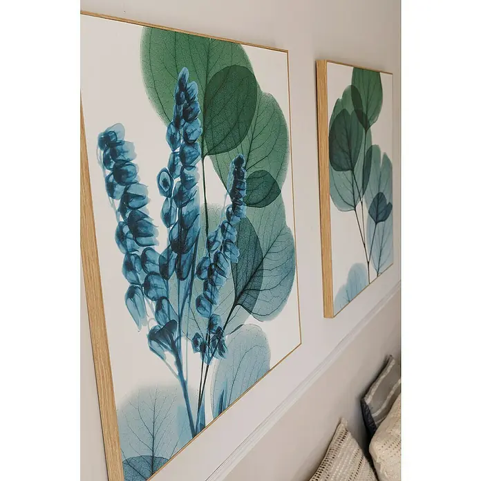 Lienzo Hoja degradada - Hoja degradada, An x Al: 80 x 80 cm - Arte de pared con motivos botánicos en tonos azules y verdes, enmarcados en madera clara. Crea un ambiente tranquilo y natural en la estancia.