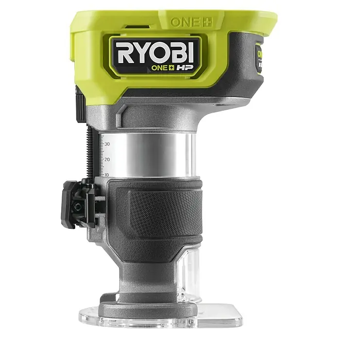 Ryobi ONE+HP Akku-Kantenfräser RTR18C-0 - 18 V, Ohne Akku - Nahaufnahme einer Ryobi ONE+ Akku-Kantenfräse, einem Werkzeug für präzise Holzarbeiten und Kantenbearbeitung.
