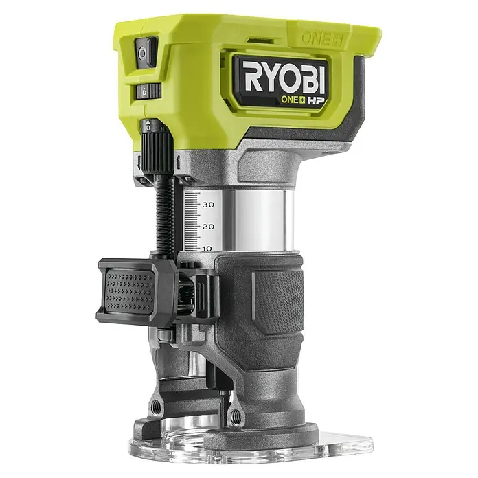 Ryobi ONE+HP Akku-Kantenfräser RTR18C-0 - 18 V, Ohne Akku - Eine Detailaufnahme des Ryobi ONE+ HP Akku-Oberfräse, die Präzision und Leistung für Holzbearbeitungsprojekte bietet.
