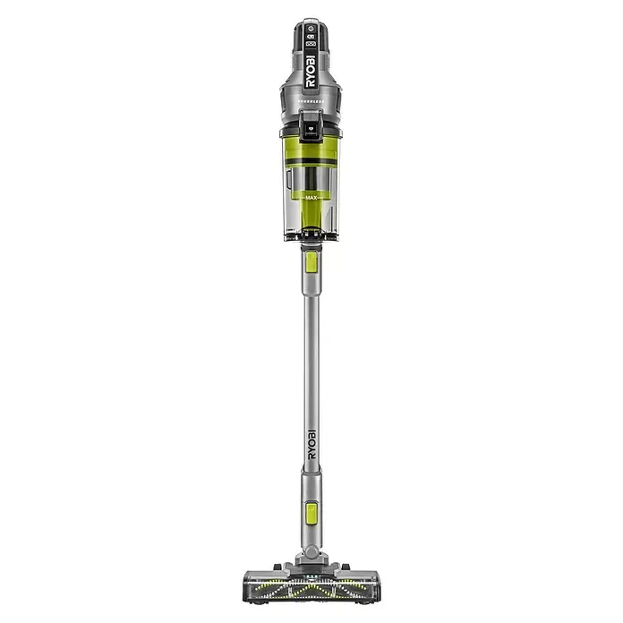 Ryobi ONE+ Akku-Staubsauger RSVS18BL-0 - 18 V, Ohne Akku, Behältervolumen: 0,8 l - Ein grau-grüner Ryobi Akku-Stielstaubsauger mit transparentem Staubbehälter, einsatzbereit.