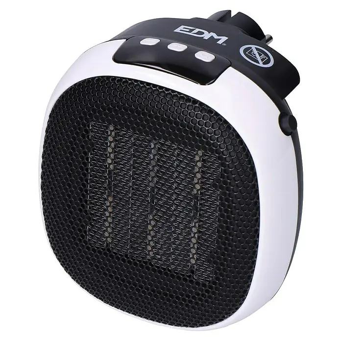 EDM Calefactor cerámico mini - 700 W, Negro/Blanco, 10,8 x 13,5 x 12,4 cm - Imagen de un calefactor portátil EDM con malla negra y borde blanco, ideal para uso personal.