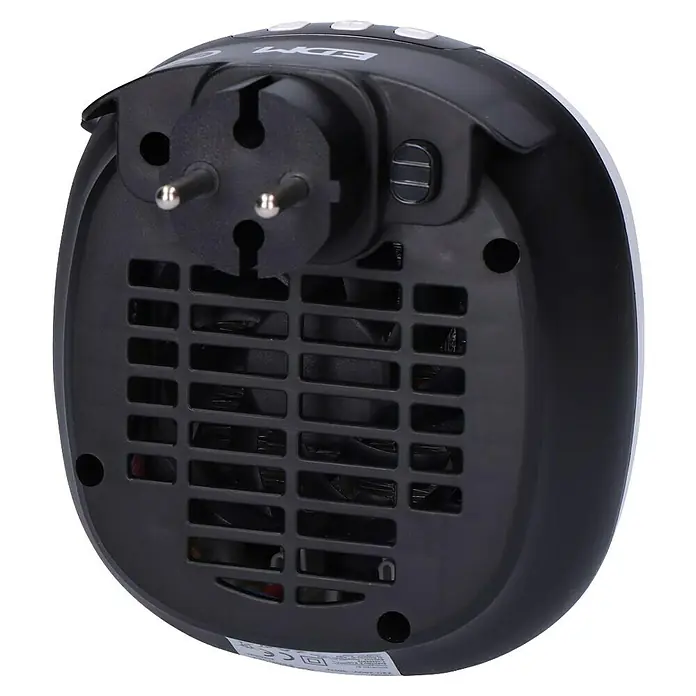 EDM Calefactor cerámico mini - 700 W, Negro/Blanco, 10,8 x 13,5 x 12,4 cm - Vista trasera de un mini calefactor EDM con enchufe integrado. Diseño compacto para fácil montaje en pared y calor rápido.