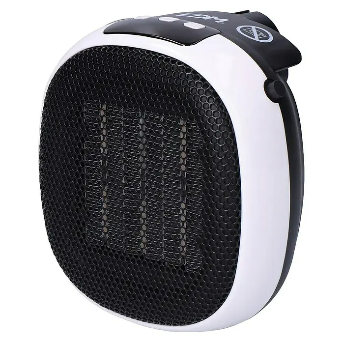 EDM Calefactor cerámico mini - 700 W, Negro/Blanco, 10,8 x 13,5 x 12,4 cm - Primer plano de un calefactor portátil EDM con rejilla negra y detalles blancos.