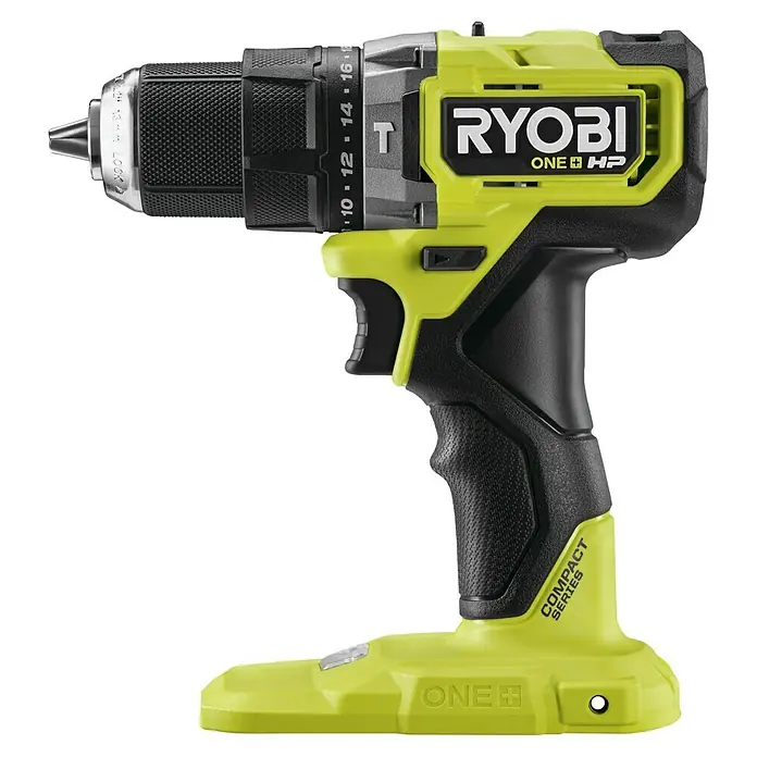Ryobi ONE+ Akku-Schlagbohrschrauber RPD18C1-0 C - 18 V, Ohne Akku, 60 Nm - Nahaufnahme eines Ryobi ONE+ HP Akku-Bohrschraubers der Compact Series mit Bohrfutter, Drehmoment-Einstellungen und ergonomischem Griff.