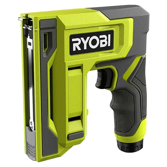 Ryobi 4V USB Akku-Tacker RST4-0 - 4 V, Ohne Akku - Ryobi Akku-Nagelpistole in Grün und Grau, ideal für Heimwerkerprojekte und professionelle Anwendungen.