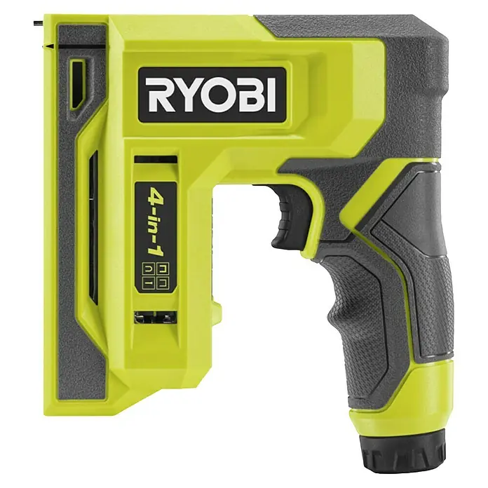 Ryobi 4V USB Akku-Tacker RST4-0 - 4 V, Ohne Akku - Abbildung eines Ryobi 4-in-1 Akku-Tackers in Gelb und Grau, ein vielseitiges Werkzeug für verschiedene Befestigungsarbeiten.