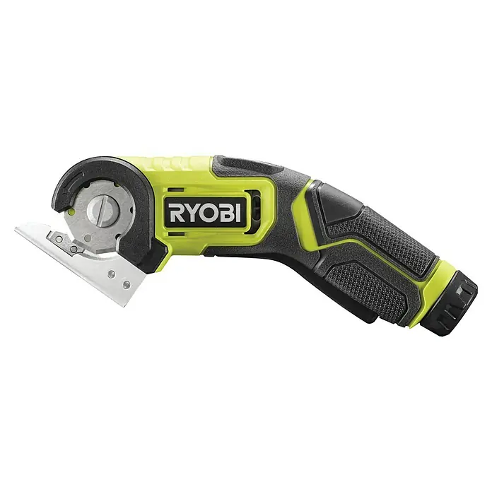 Ryobi 4V USB Akku-Universalschere RCT4-0 - 4 V, Ohne Akku - Nahaufnahme eines Ryobi P343 4V Akku-Rotationsschneiders mit einem gut sichtbaren rotierenden Schneidkopf für präzise Schnitte.