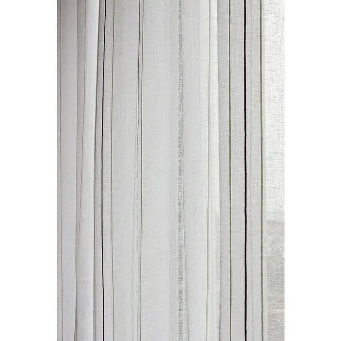 Visillo para ventana Raya - An x Al: 140 x 260 cm, 100% poliéster, Blanco/Rojo - Primer plano de una elegante cortina de rayas. Las rayas verticales en diferentes colores añaden un toque moderno a la habitación.