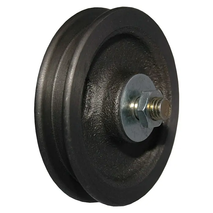 HBS Betz Schiebetorrolle - Traglast: 50 kg, Durchmesser: 90 mm - Nahaufnahme einer schwarzen Umlenkrolle mit Schraube und Unterlegscheibe.