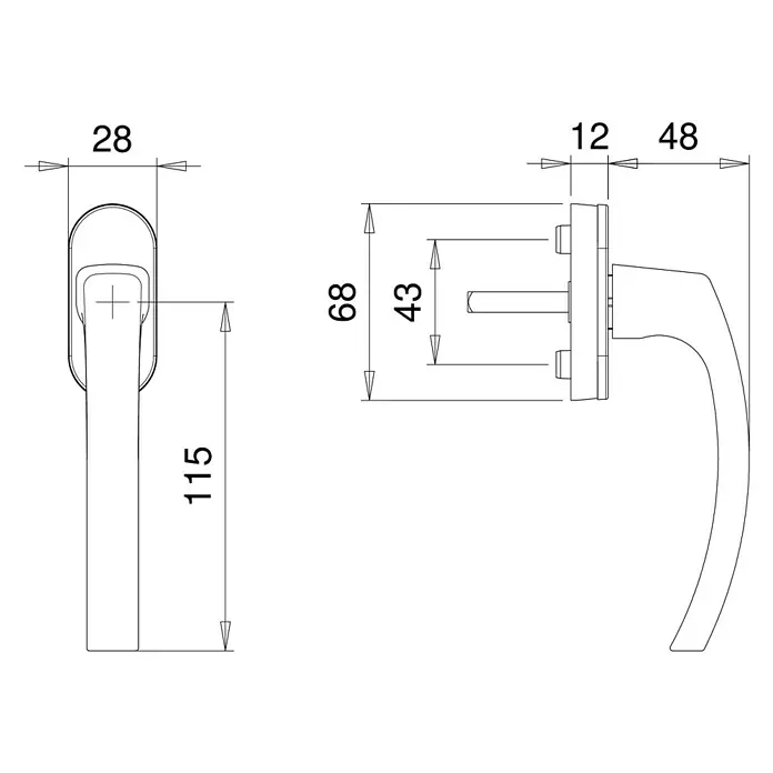 Portaferm Fenstergriff - Weiß - Eine technische Zeichnung eines Fenstergriffs mit detaillierten Maßangaben zur Produktbeschreibung.