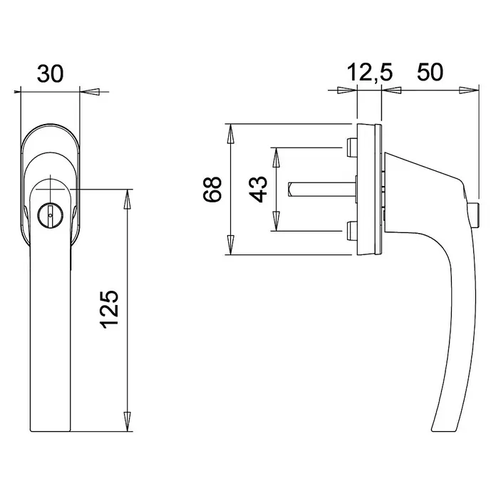 Portaferm Fenstergriff - Schwarz, Vierkantstift: 7 mm, L-Form - Technische Zeichnung eines Fenstergriffs mit verschiedenen Maßangaben für Design und Konstruktion.