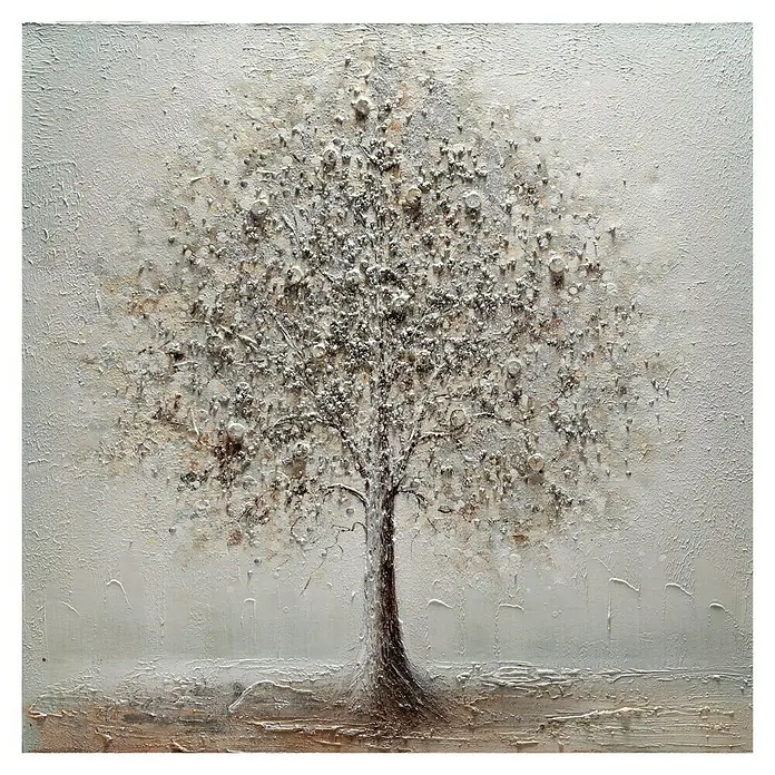 Bubola & Naibo Cuadro pintado a mano Flores 641 - Flores 641, An x Al: 100 x 100 cm - Pintura de árbol texturizada con fondo claro y tronco oscuro, destacando la serena belleza de la naturaleza a través de la expresión artística.