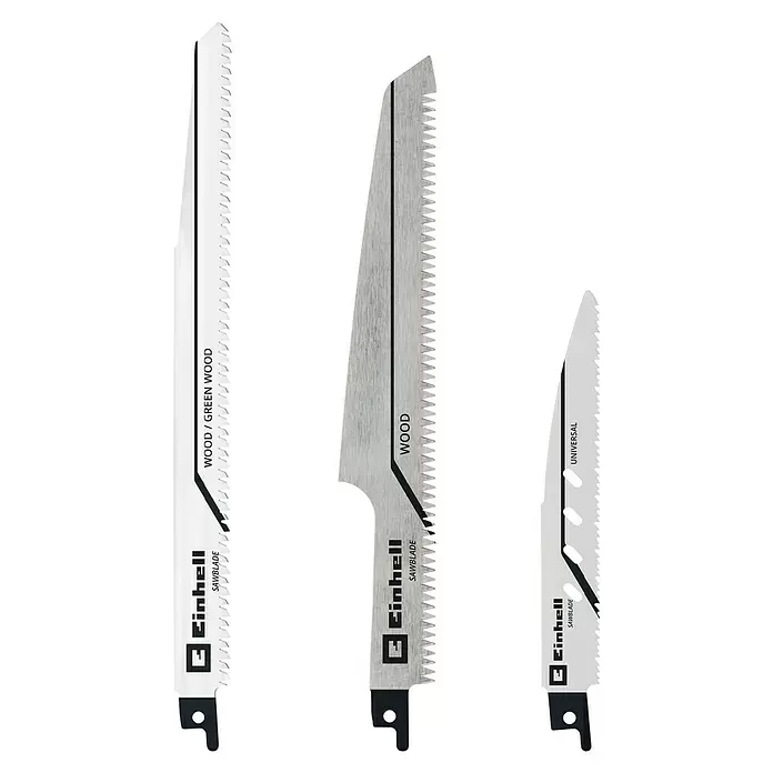 Einhell Säbelsägeblatt-Set - 3 -tlg. - Drei Einhell Metallsägeblätter: ein weißes für Holz/Grünholz, ein graues für Holz und ein kleineres graues Universalblatt.